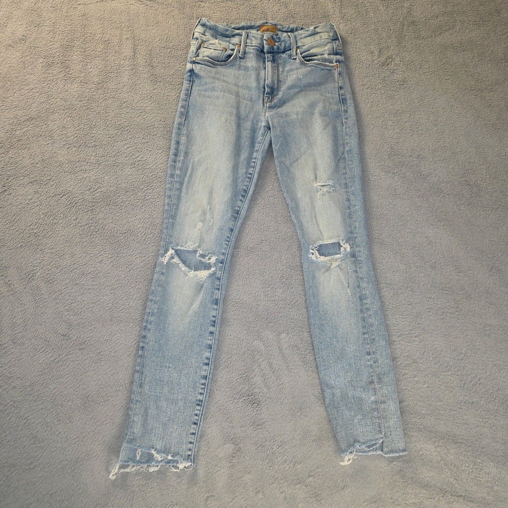 Mother The Looker Ankle Step Fray Jeans Cut Flowers Distressed Blue Size 25